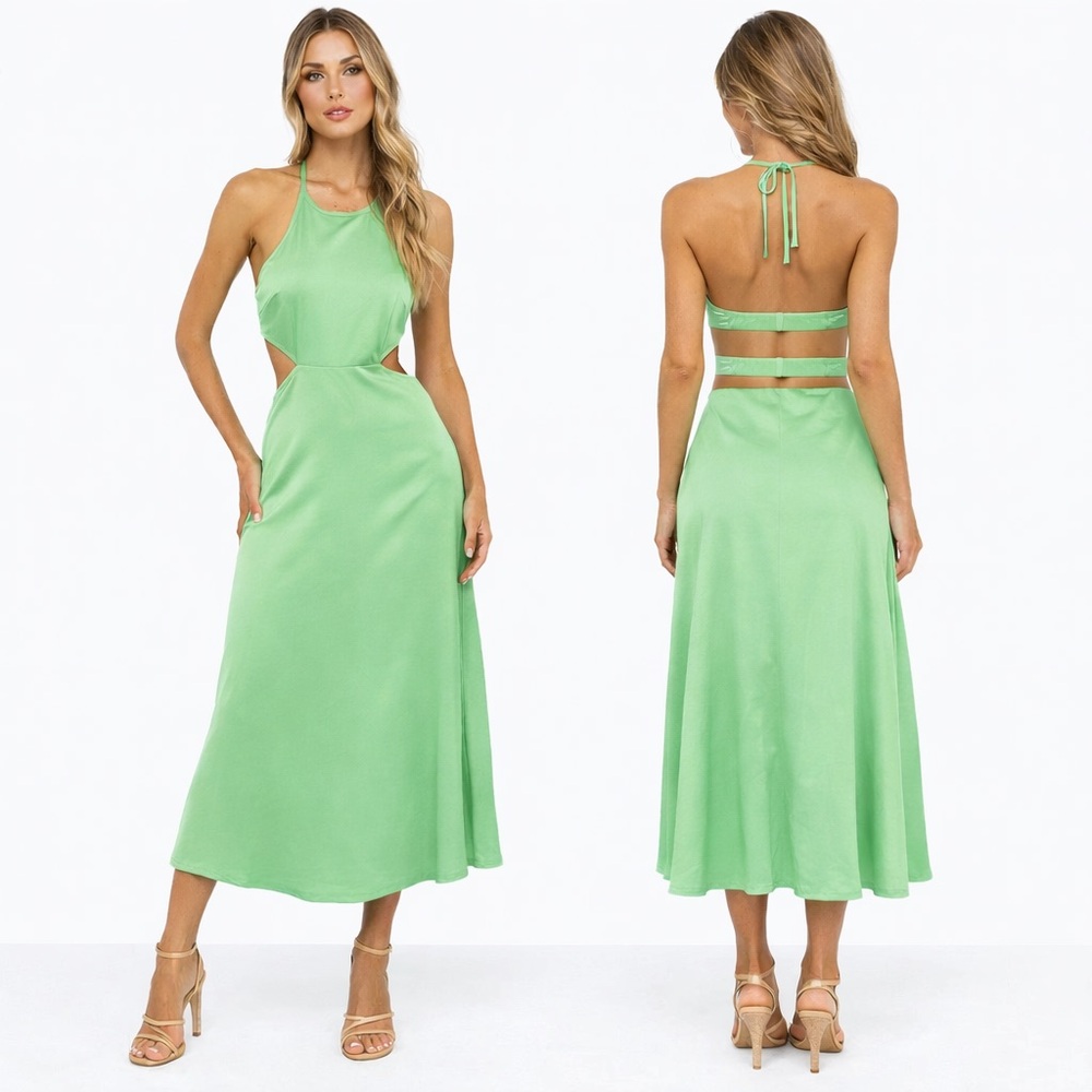 ZARA Linen Apple Green Cutout Backless Halter Dress XS